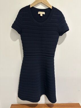 Michael Kors Navy Short-Sleeve Textured Knit Midi Dress